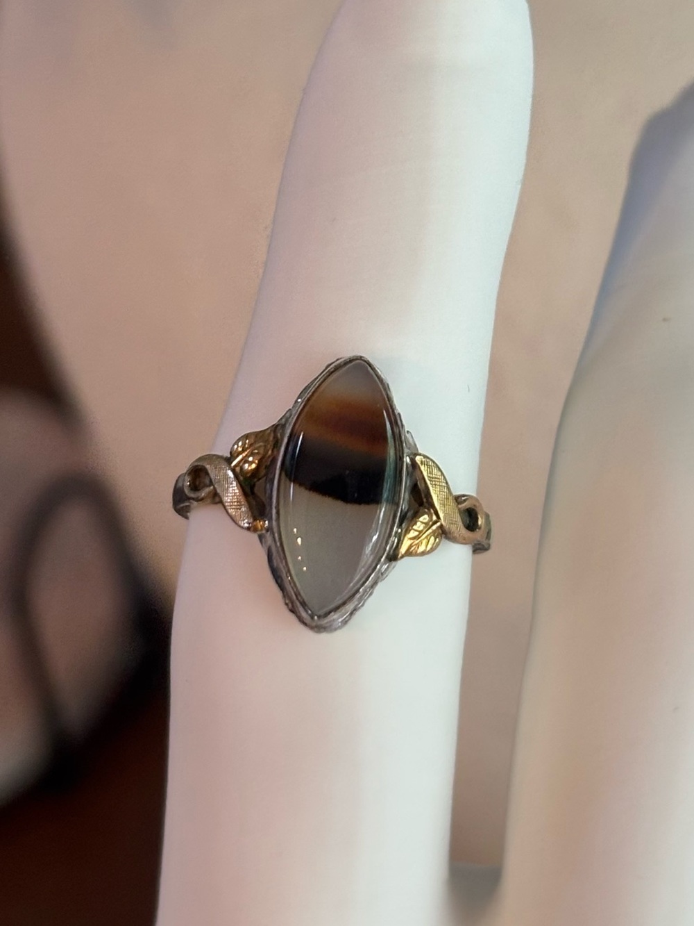 Vintage Clark & Coombs Sterling Silver 10K GF Marquise Banded Agate Ring Sz 6.5 - Picture 7 of 11